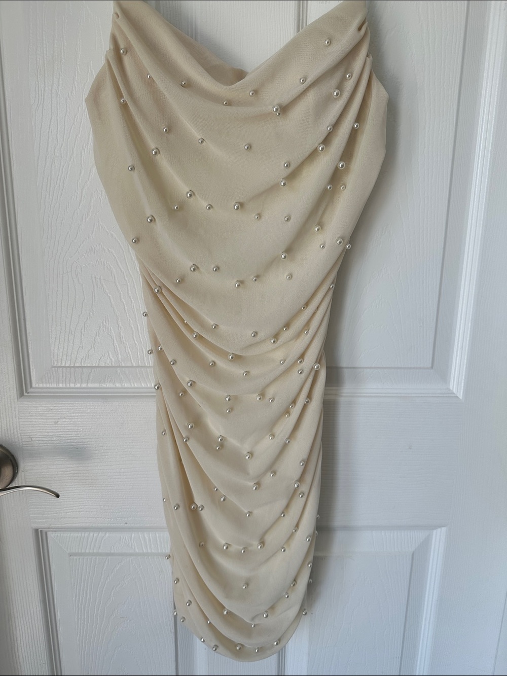 Iris Cream Pearl Ruched Mesh Mini Dress - Size Small - Picture 1 of 6